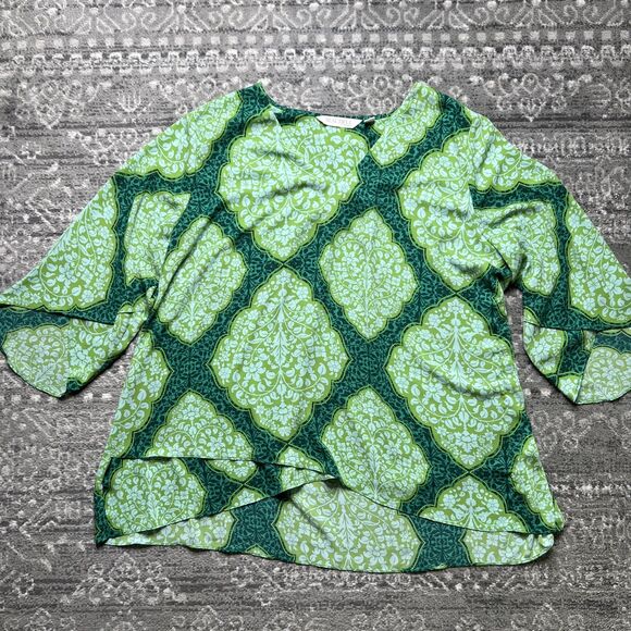 BEAUTIFUL by Lawrence Zarian V-Neck Blouse 3X Green Medallion Paradise Printed - Picture 1 of 8